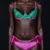Bikini 3 pièces en précommande : bralette zèbre dentelle noire + 2 culottes superposables. Pré-commandes disponibles. Tailles XS-XL.